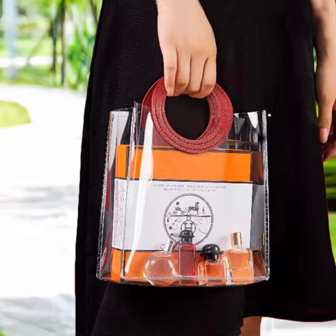 Large Transparent PVC Hamper Bag Goodie Bag 25x28x14 cm Maroon Round EBAKE