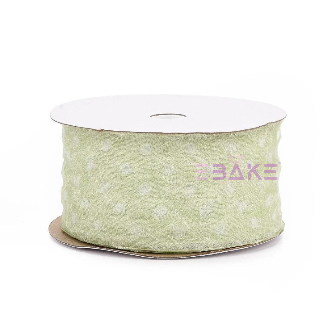 Dots Printed Sheer Chiffon Wrinkle Ribbon  2.5 CM - 10 Yards (Light Green)