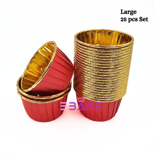 Imported Golden Lined Rolled Rim Muffin Cup / Cupcake Liners - Red (Set of 25 pieces) Large