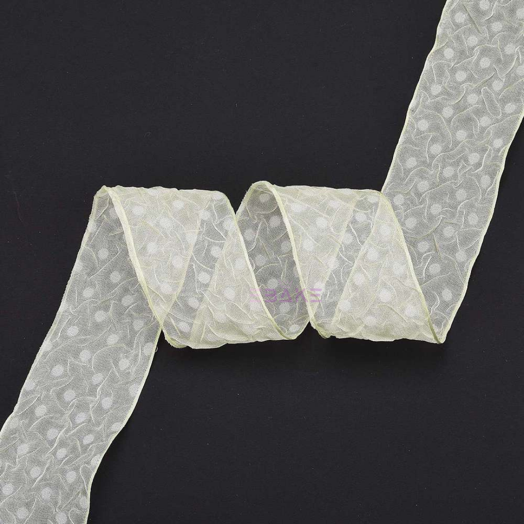 Dots Printed Sheer Chiffon Wrinkle Ribbon  2.5 CM - 10 Yards (Light Green)