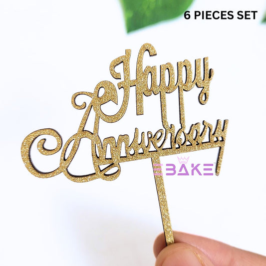 Happy Anniversary Mini Topper Gold Glitter (Set of 6) MDF