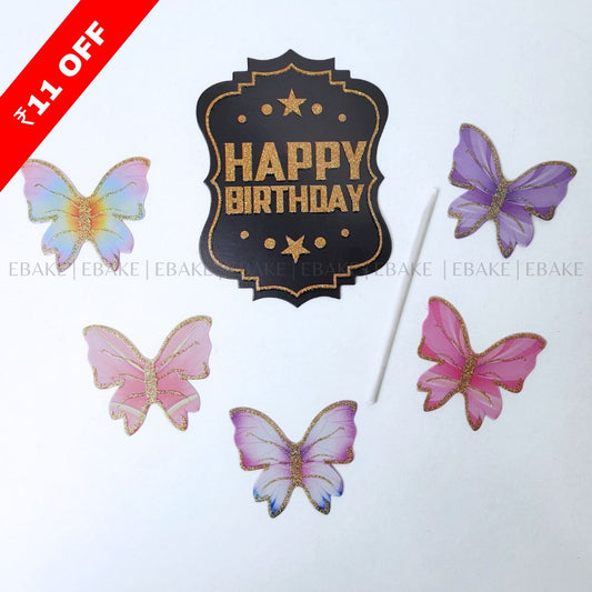 Black Birthday Topper With Paper Butterflies