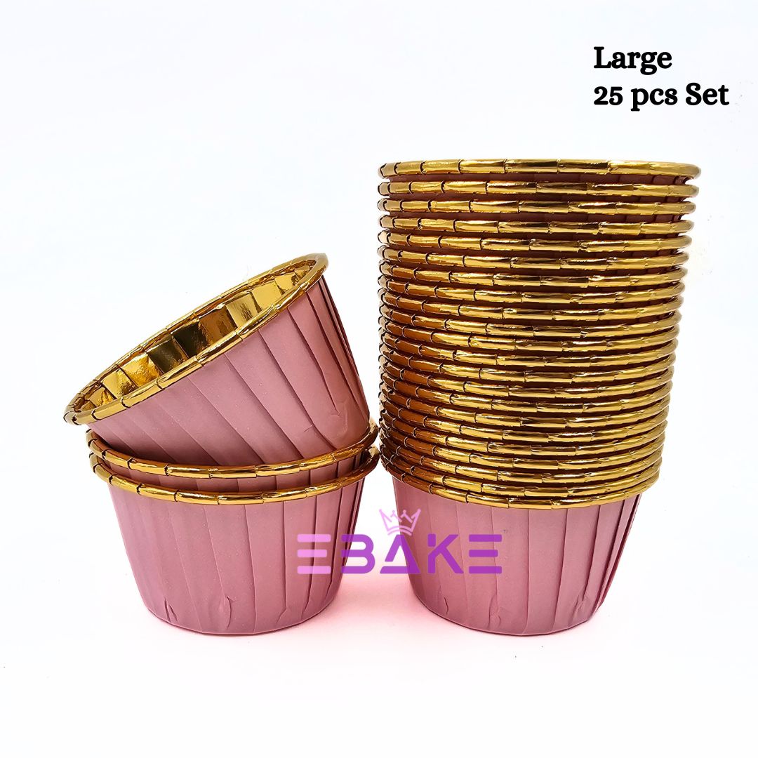 Imported Golden Lined Rolled Rim Muffin Cup / Cupcake Liners - Pink (Set of 25 pieces) Large