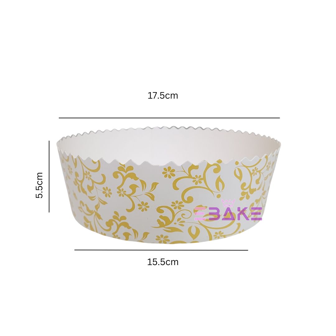 Bake & Serve Plum Cake Mould Round (Set of 5 Pieces) White & Gold Printed - Large