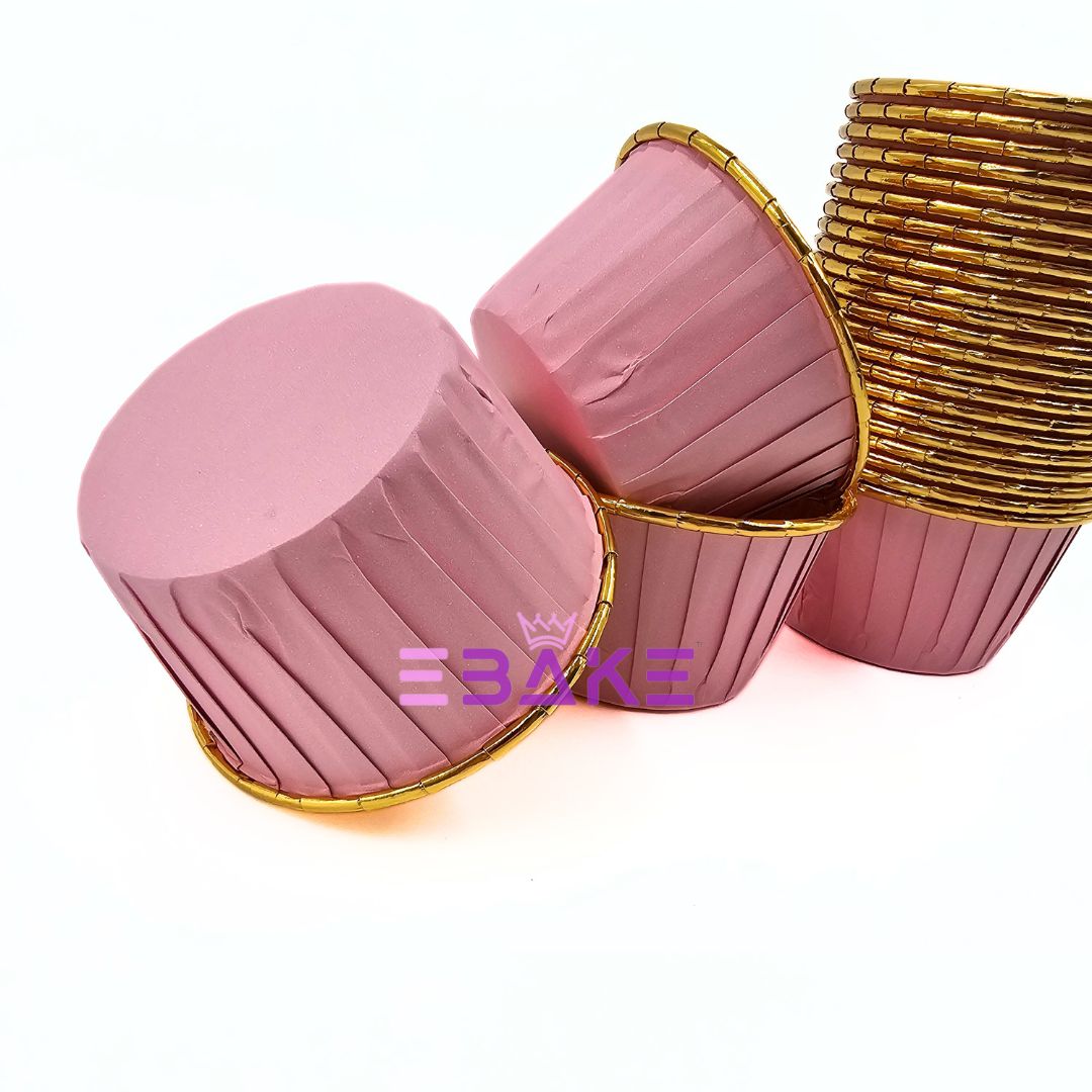 Small Imported Golden Lined Rolled Rim Muffin Cup / Cupcake Liners - Pink (Set of 50 pieces)