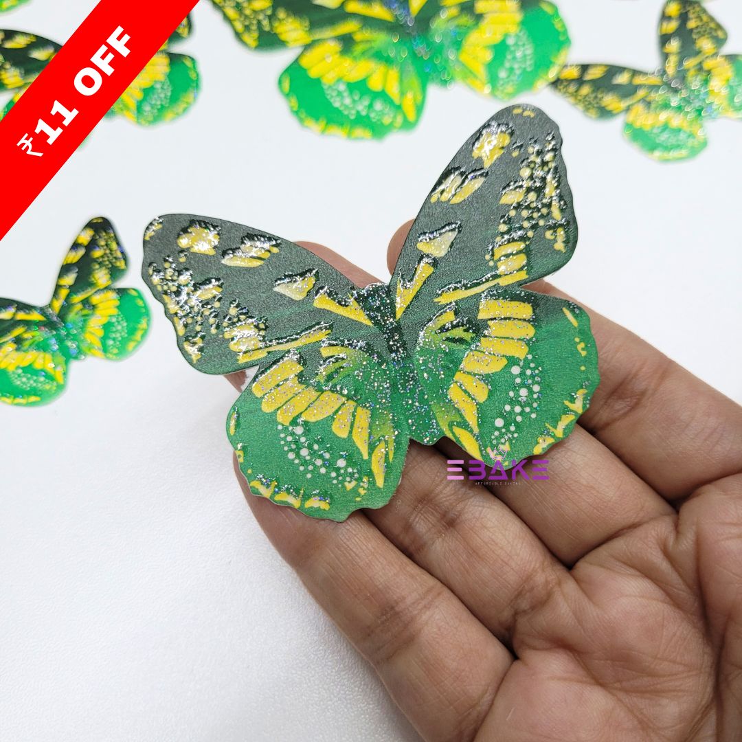 Paper Butterflies With Glitter Detailing Foldable - Green & Yellow (Set of 10 Pieces)