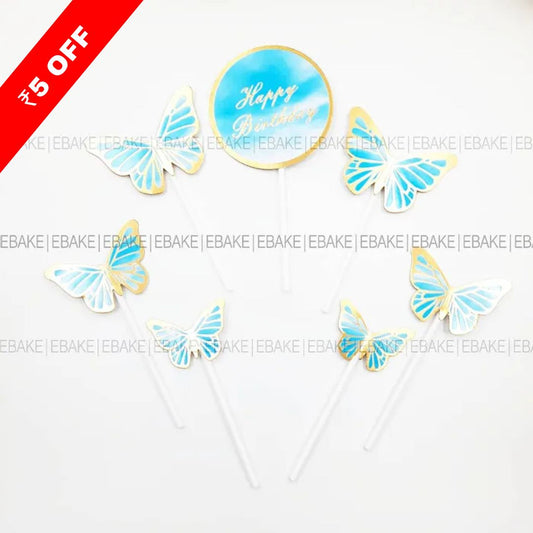 Butterflies And Birthday Cake Topper - Blue