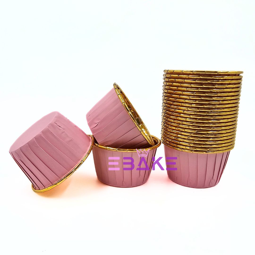 Small Imported Golden Lined Rolled Rim Muffin Cup / Cupcake Liners - Pink (Set of 50 pieces)