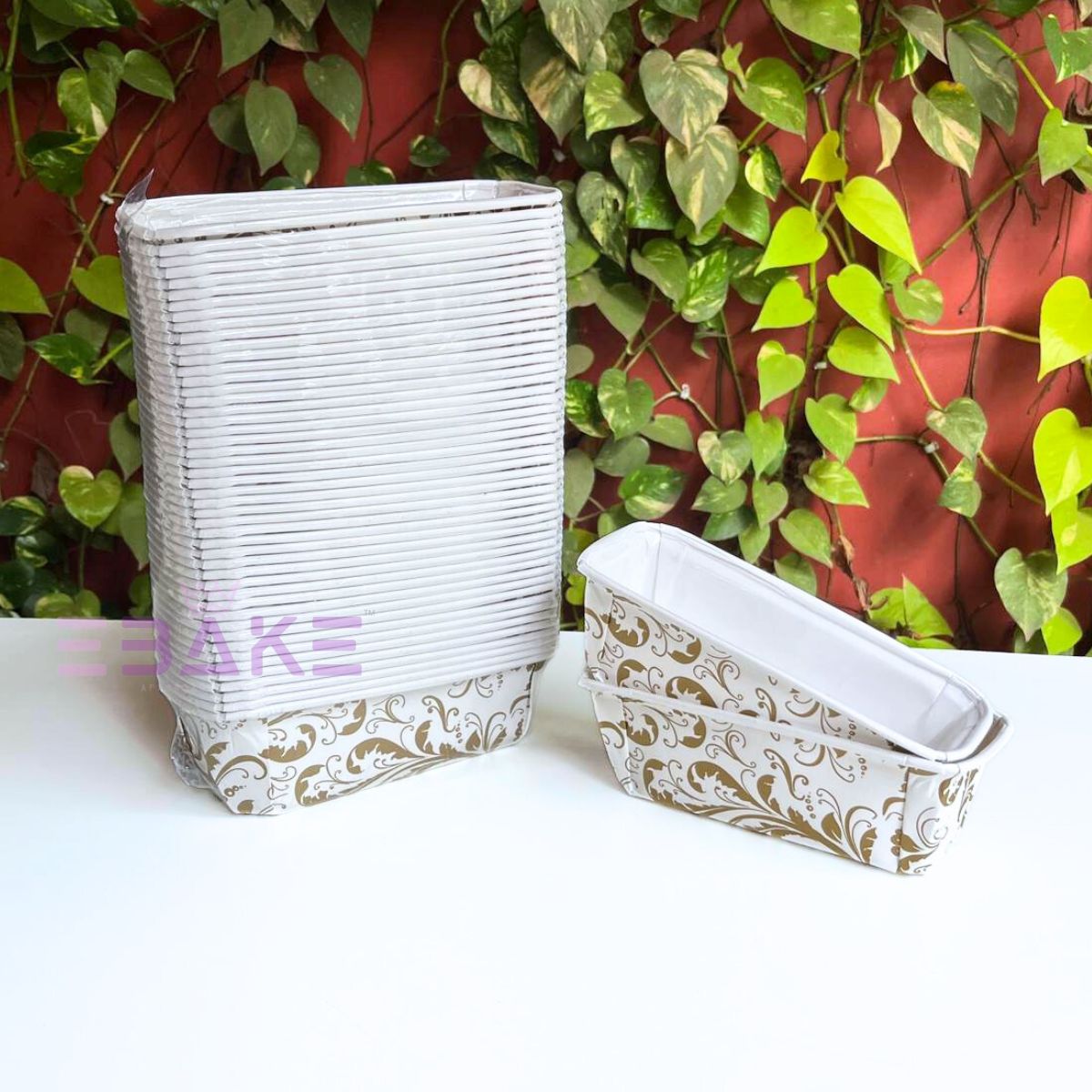 Bake n Serve White & Golden Printed Plum Cake, Loaf Cake Mould (Set of 5 Pieces)