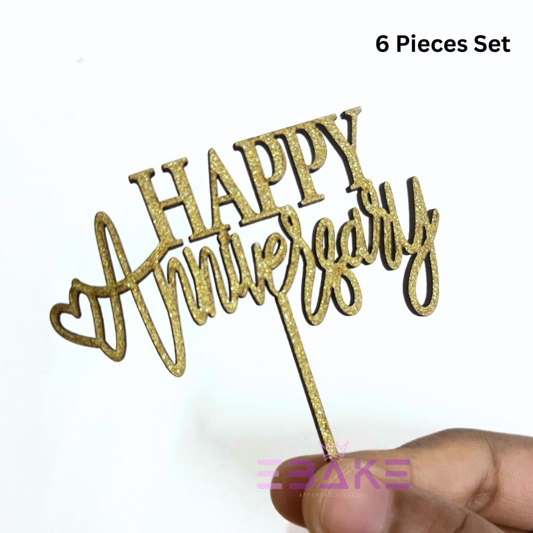 Happy Anniversary Mini Topper Gold Glitter (Set of 6) MDF