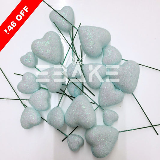 Pale Blue Glitter Faux Hearts - Set Of 20 Pieces