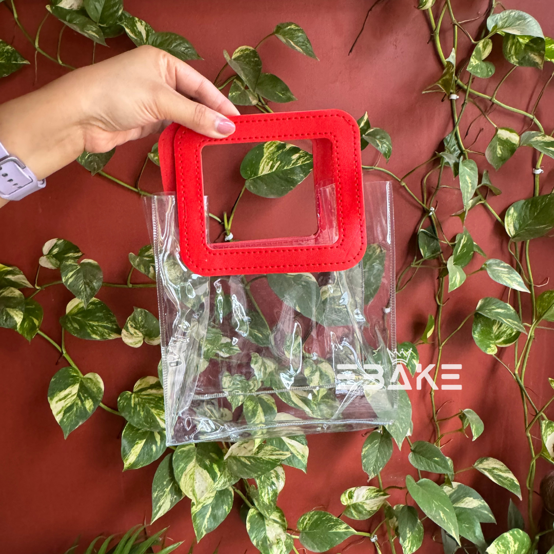 Medium Size Transparent PVC Hamper Bag/Goodie Bag (20x18x10 cm) Red Square Handle - Single Piece