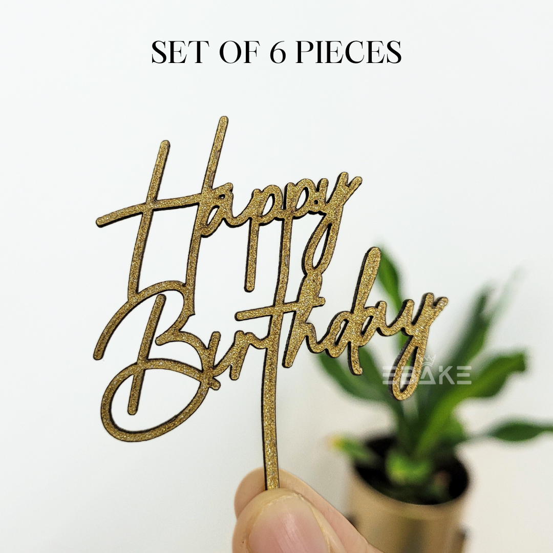 Happy Birthday Mini Topper Gold Glitter (Set of 6) MDF