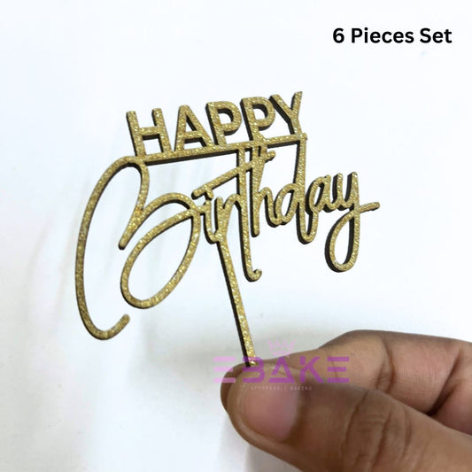 Happy Birthday Mini Topper Gold Glitter (Set of 6) MDF