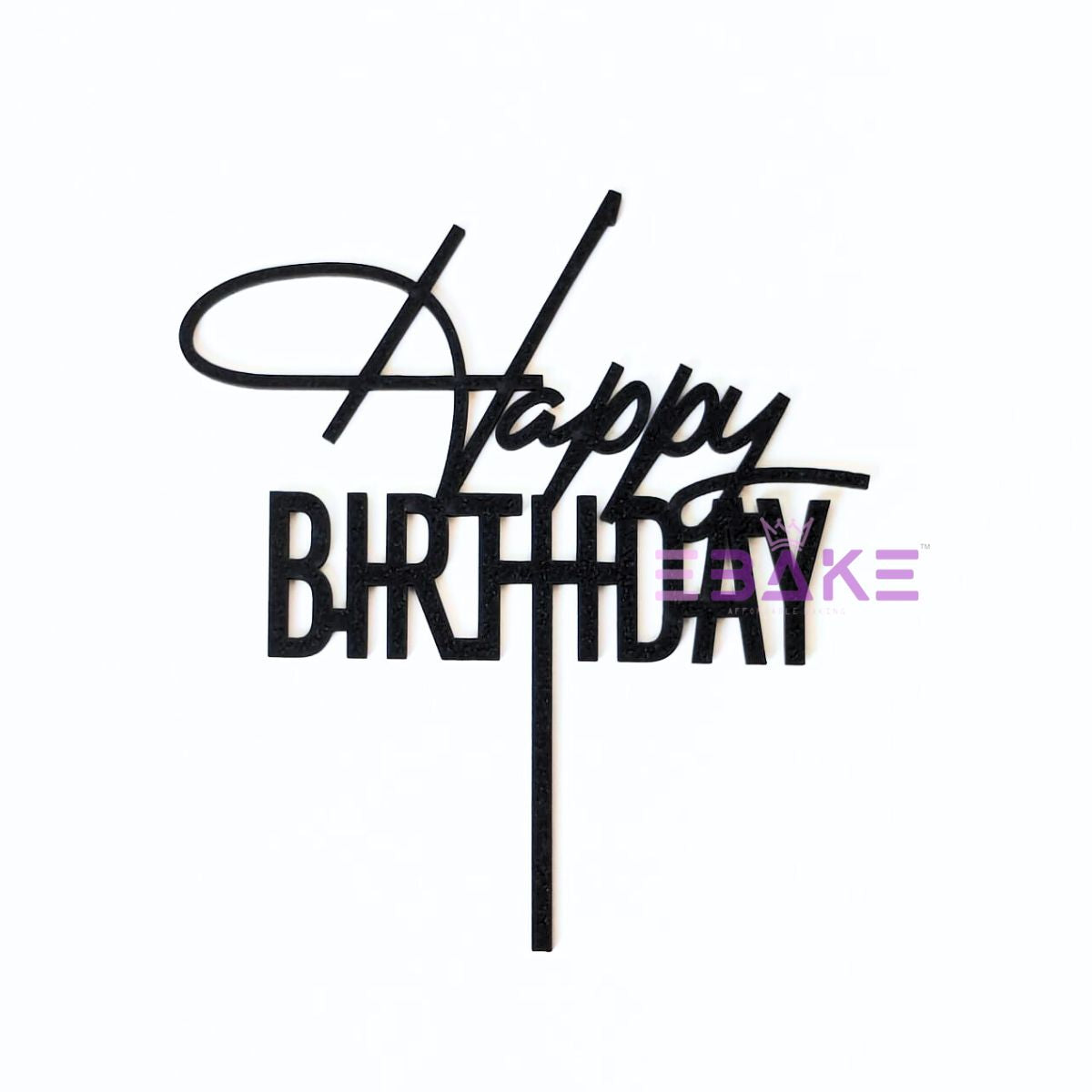 Happy Birthday Cake Topper Black Shimmer MDF