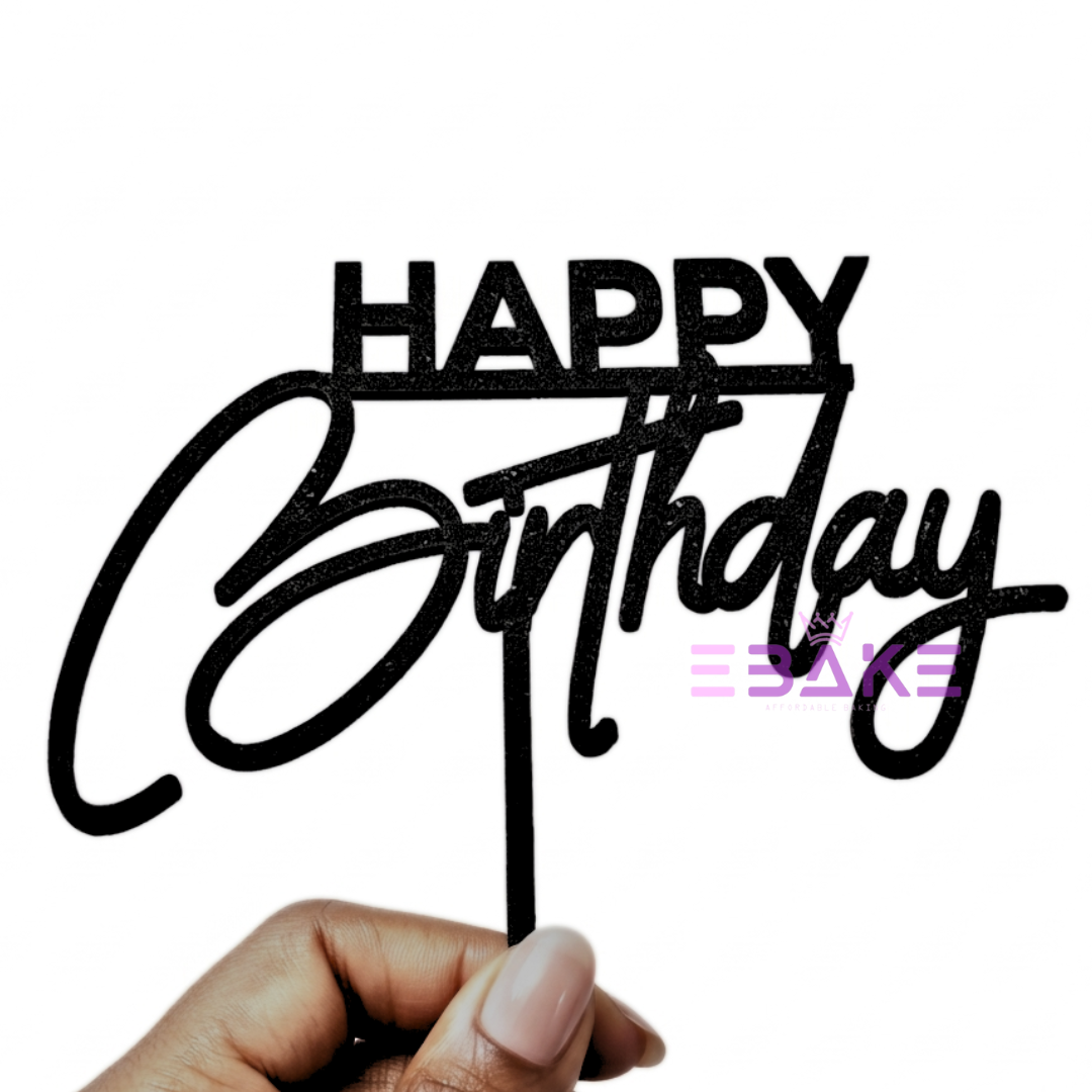 Happy Birthday Cake Topper Black Shimmer MDF
