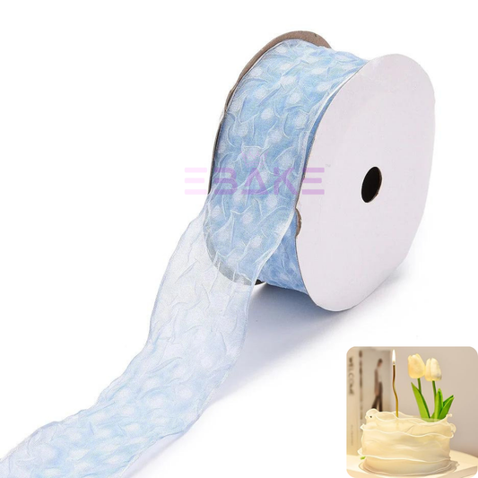 Dots Printed Sheer Chiffon Wrinkle Ribbon  2.5 CM - 10 Yards (BLUE)