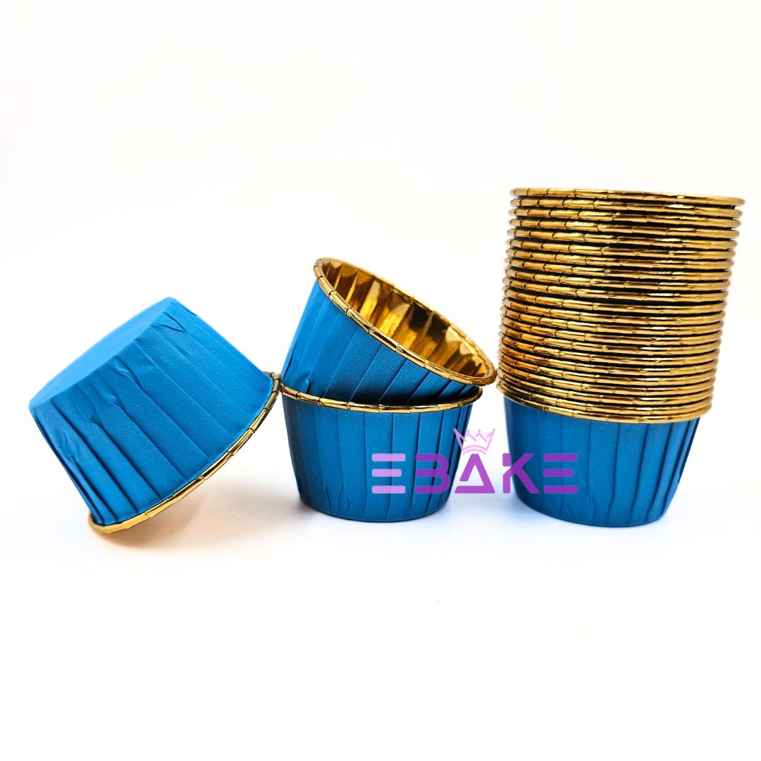 Small Imported Golden Lined Rolled Rim Muffin Cup / Cupcake Liners - Blue (Set of 50 pieces)