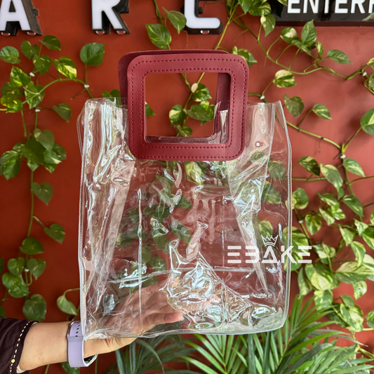 Large Transparent PVC Hamper Bag/Goodie Bag (25x28x14 cm) Maroon Square Handle - Single Piece