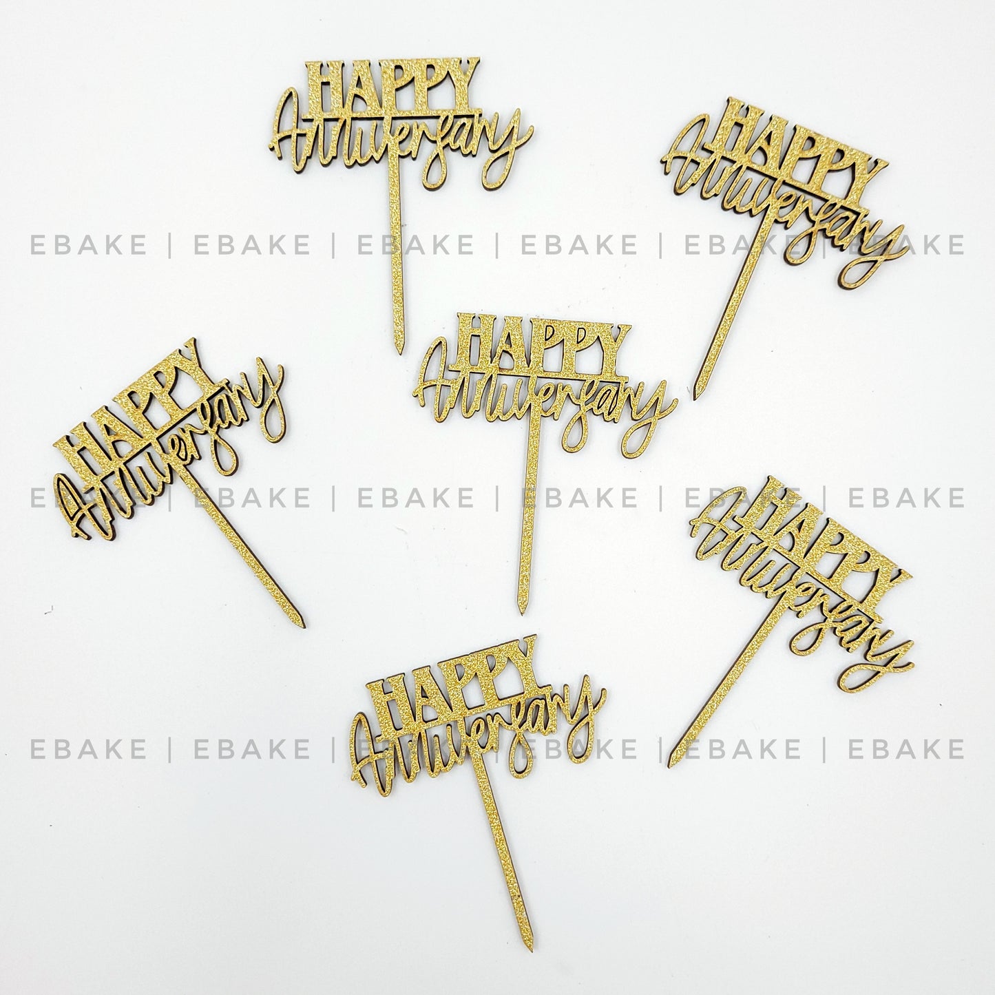 Happy Anniversary Mini Topper Gold Glitter (Set of 6) MDF