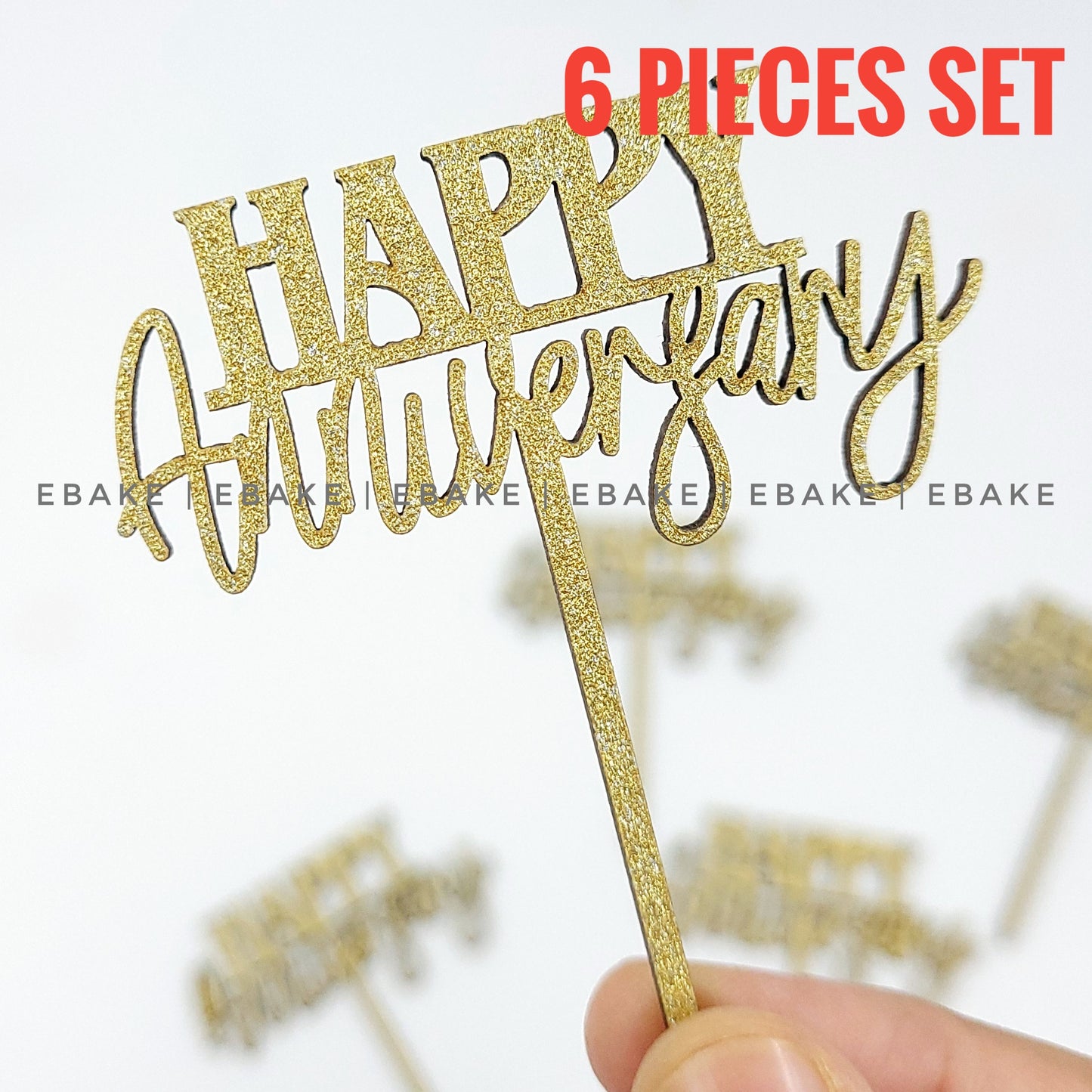 Happy Anniversary Mini Topper Gold Glitter (Set of 6) MDF