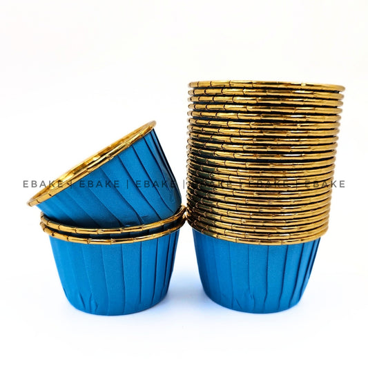 Imported Golden Lined Rolled Rim Muffin Cup / Cupcake Liners - Blue (Set of 25 pieces)