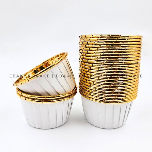 Imported Golden Lined Rolled Rim Muffin Cup / Cupcake Liners - White (Set of 25 pieces)