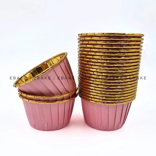 Imported Golden Lined Rolled Rim Muffin Cup / Cupcake Liners - Pink (Set of 25 pieces)