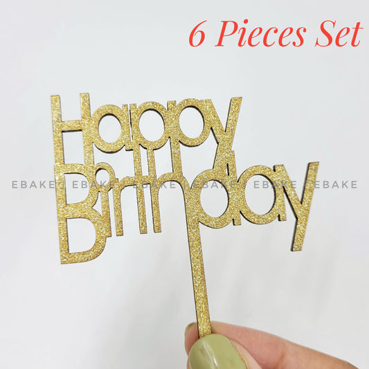 Happy Birthday Mini Topper Gold Glitter (Set of 6) MDF