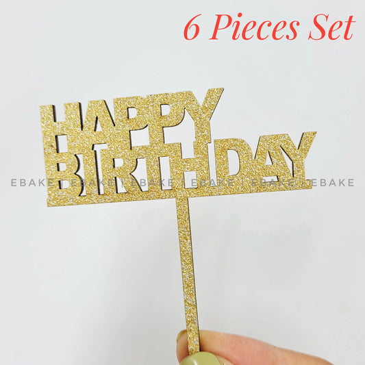 Happy Birthday Mini Topper Gold Glitter (Set of 6) MDF