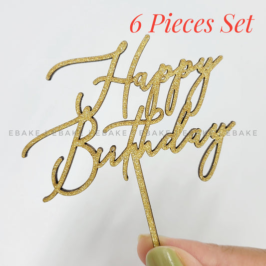 Happy Birthday Mini Topper Gold Glitter (Set of 6) MDF