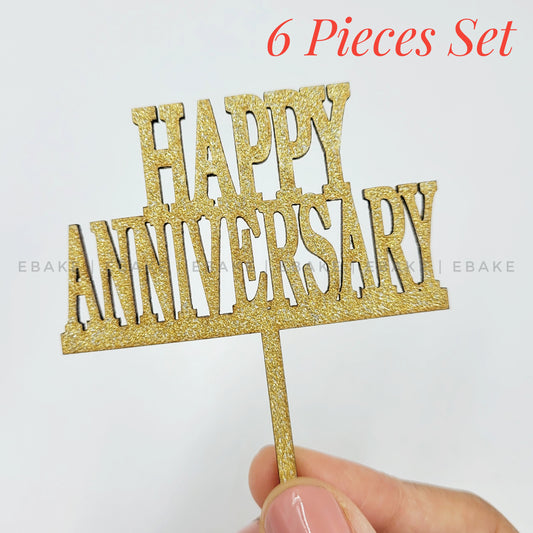 Happy Anniversary Mini Topper Gold Glitter (Set of 6) MDF