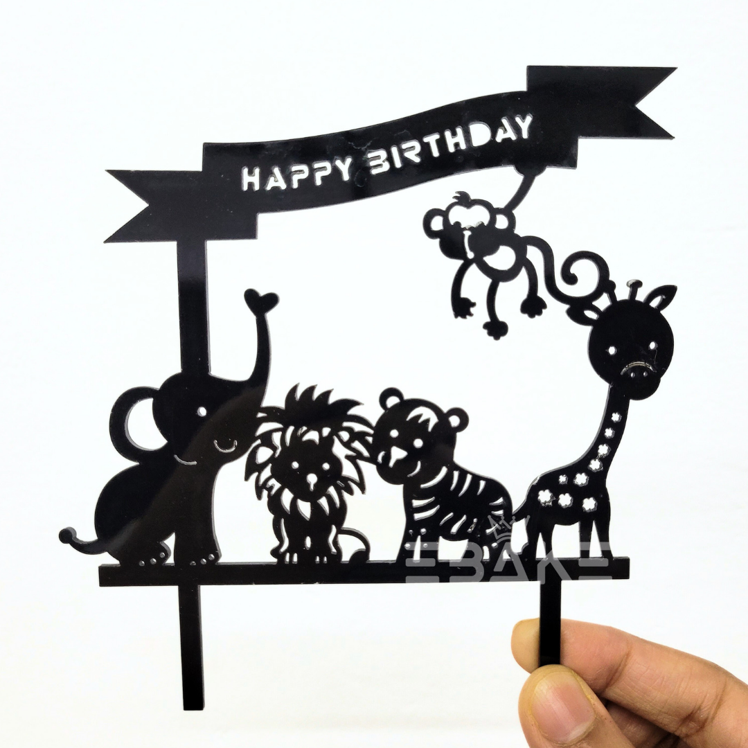 Jungle Theme Happy Birthday Cake Topper Black