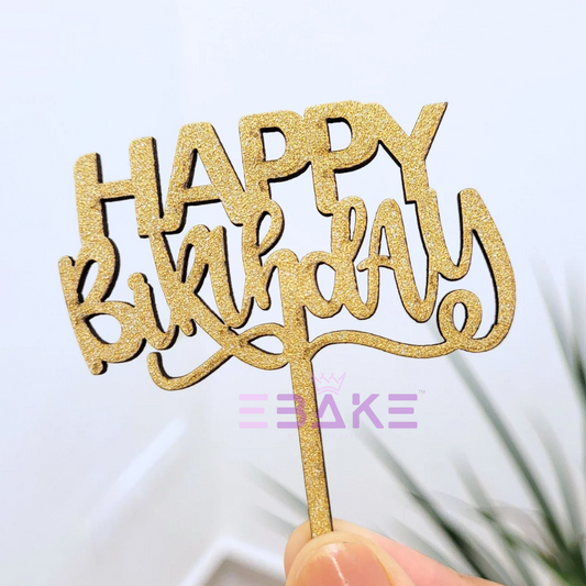 Happy Birthday Mini Topper Gold Glitter (Set of 6) MDF