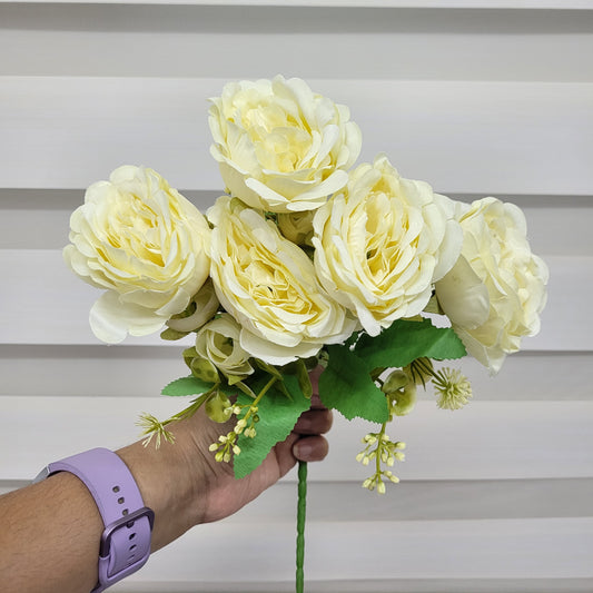 A1084 Mixed Size Peony Bunch With Fillers - Light Yellow (5 Medium Peonies & 4 Mini Peonies)