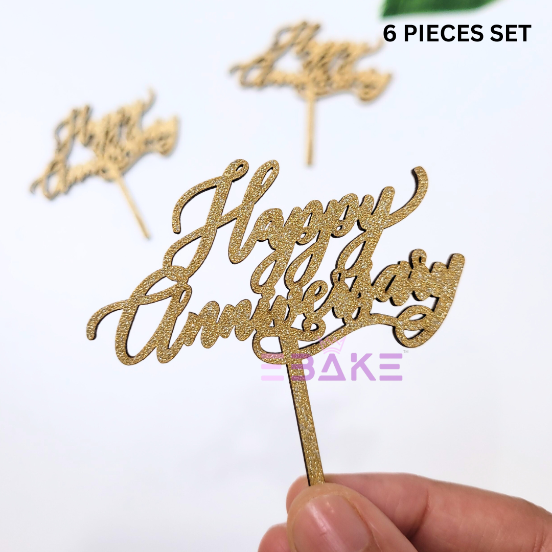 Happy Anniversary Mini Topper Gold Glitter (Set of 6) MDF