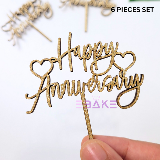 Happy Anniversary Mini Topper Gold Glitter (Set of 6) MDF