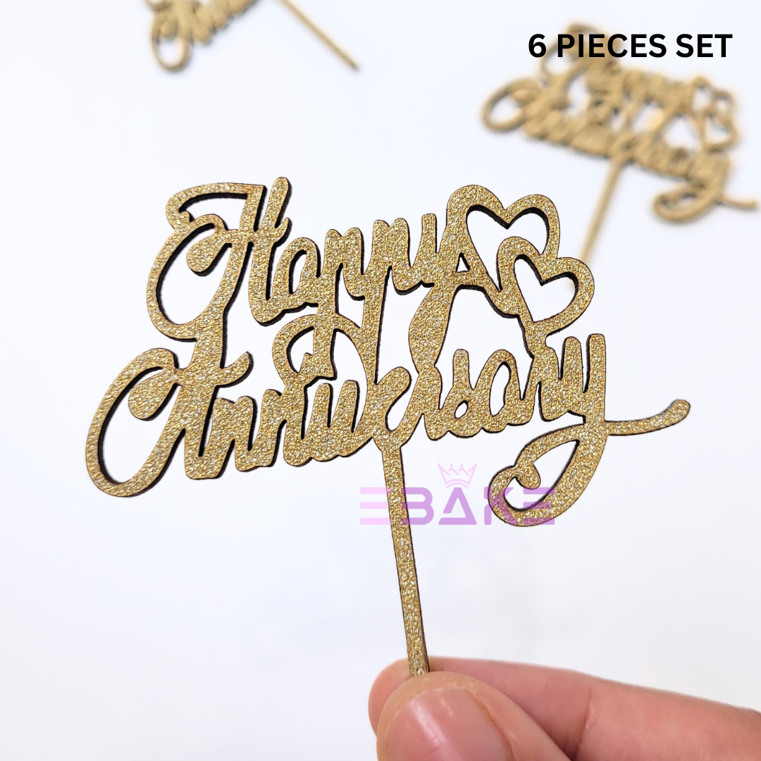 Happy Anniversary Mini Topper Gold Glitter (Set of 6) MDF