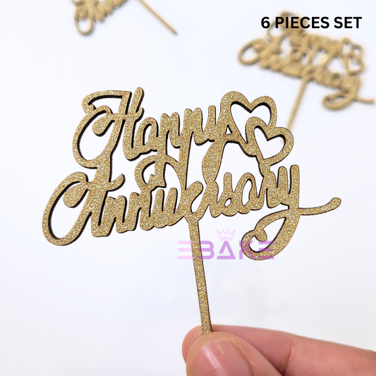 Happy Anniversary Mini Topper Gold Glitter (Set of 6) MDF