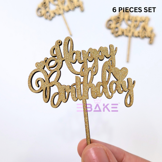 Happy Birthday Mini Topper Gold Glitter (Set of 6) MDF