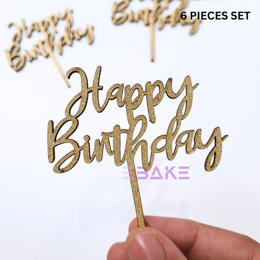 Happy Birthday Mini Topper Gold Glitter (Set of 6) MDF