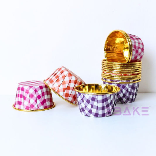 Imported Golden Lined Rolled Rim Muffin Cup / Cupcake Liners - Gingham Printed Mixed Color  (Set of 15 pieces) Large