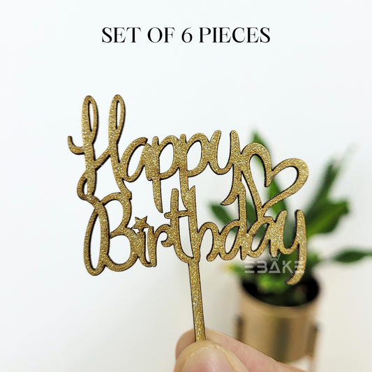 Happy Birthday Mini Topper Gold Glitter (Set of 6) MDF