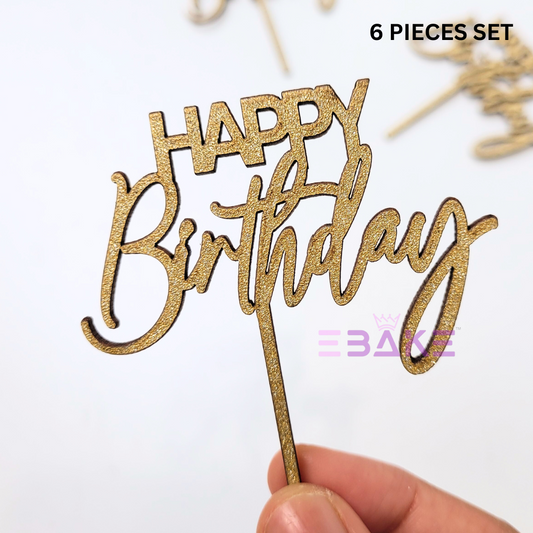 Happy Birthday Mini Topper Gold Glitter (Set of 6) MDF