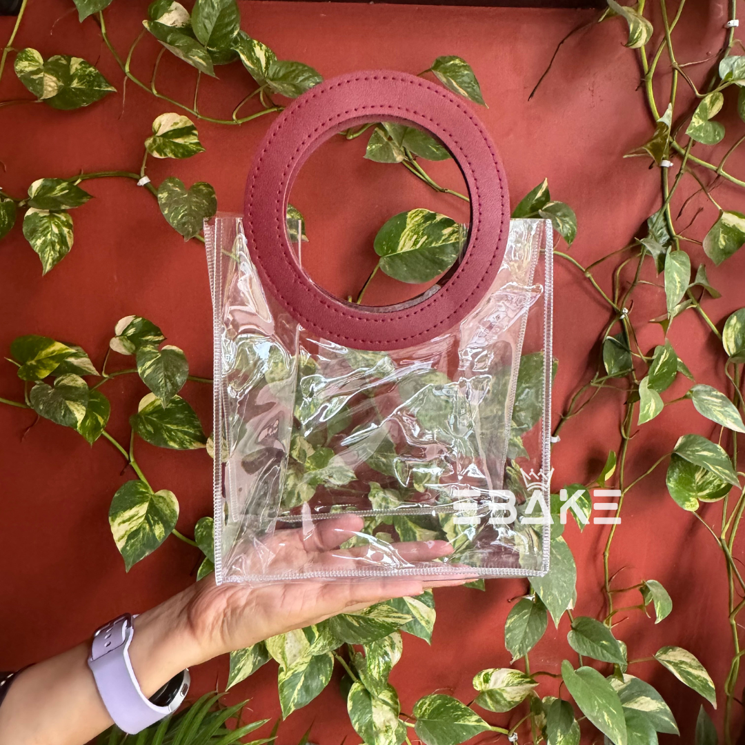 Medium Size Transparent PVC Hamper Bag/Goodie Bag (20x18x10 cm) Maroon Round Handle - Single Piece