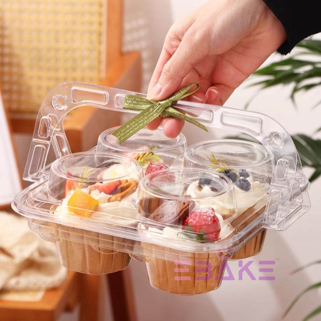 4 Cavity Plastic Cupcake Box With Handle / Clear Portable Cupcake Holder (Set of 5 Pieces)