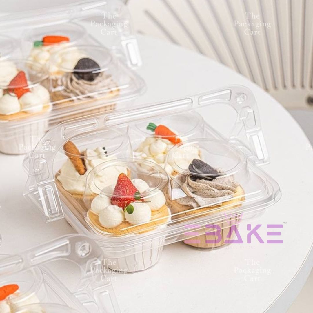4 Cavity Plastic Cupcake Box With Handle / Clear Portable Cupcake Holder (Set of 5 Pieces)