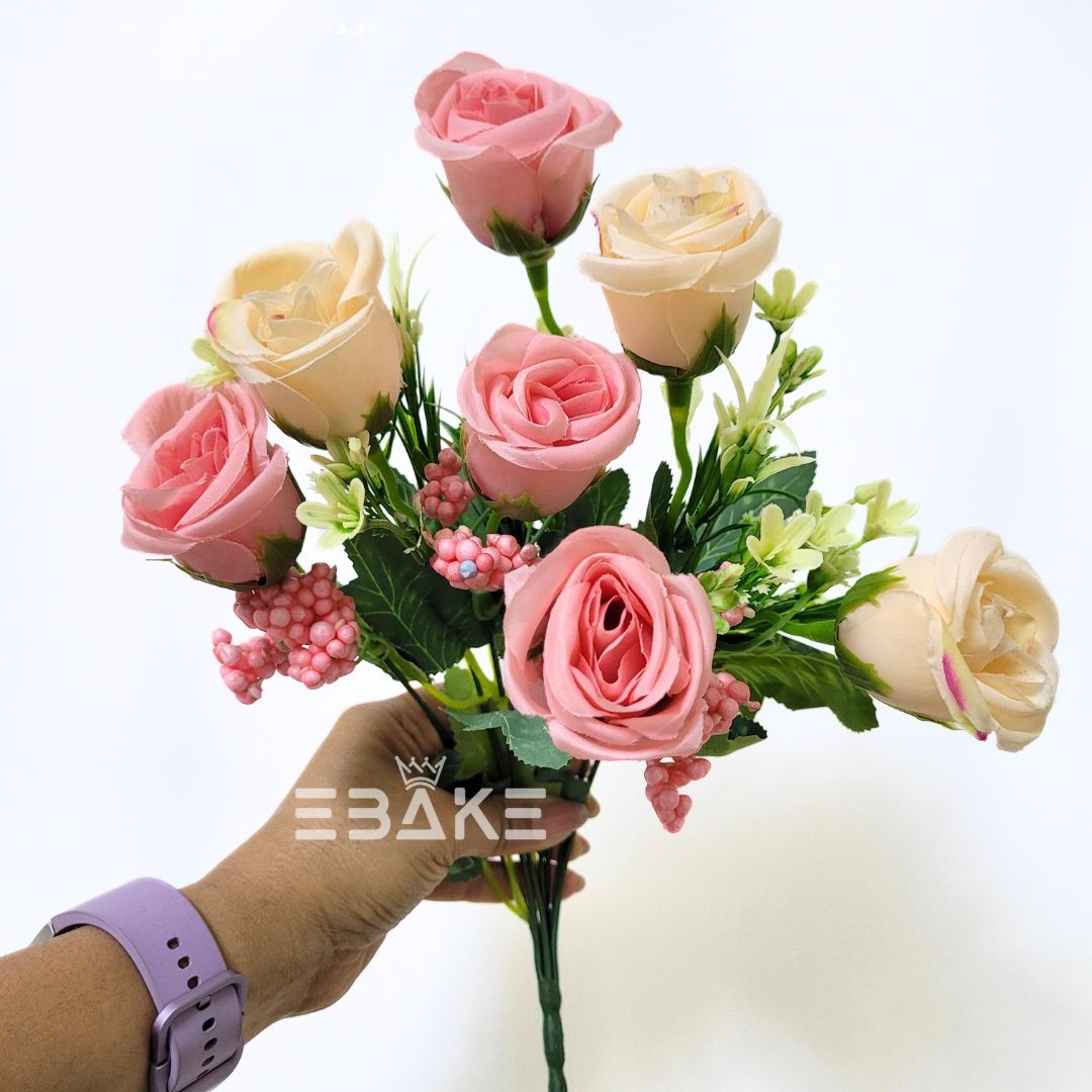 A1322 Pink& Cream Bud Rose Bunch With Fillers  (7 Bud Roses & Fillers)