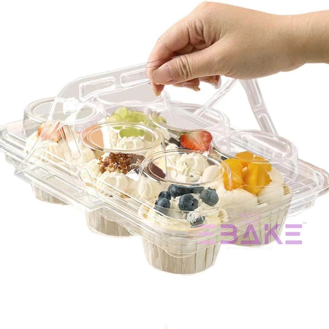 6 Cavity Plastic Cupcake Box With Handle / Clear Portable Cupcake Holder (Set of 5 Pieces)