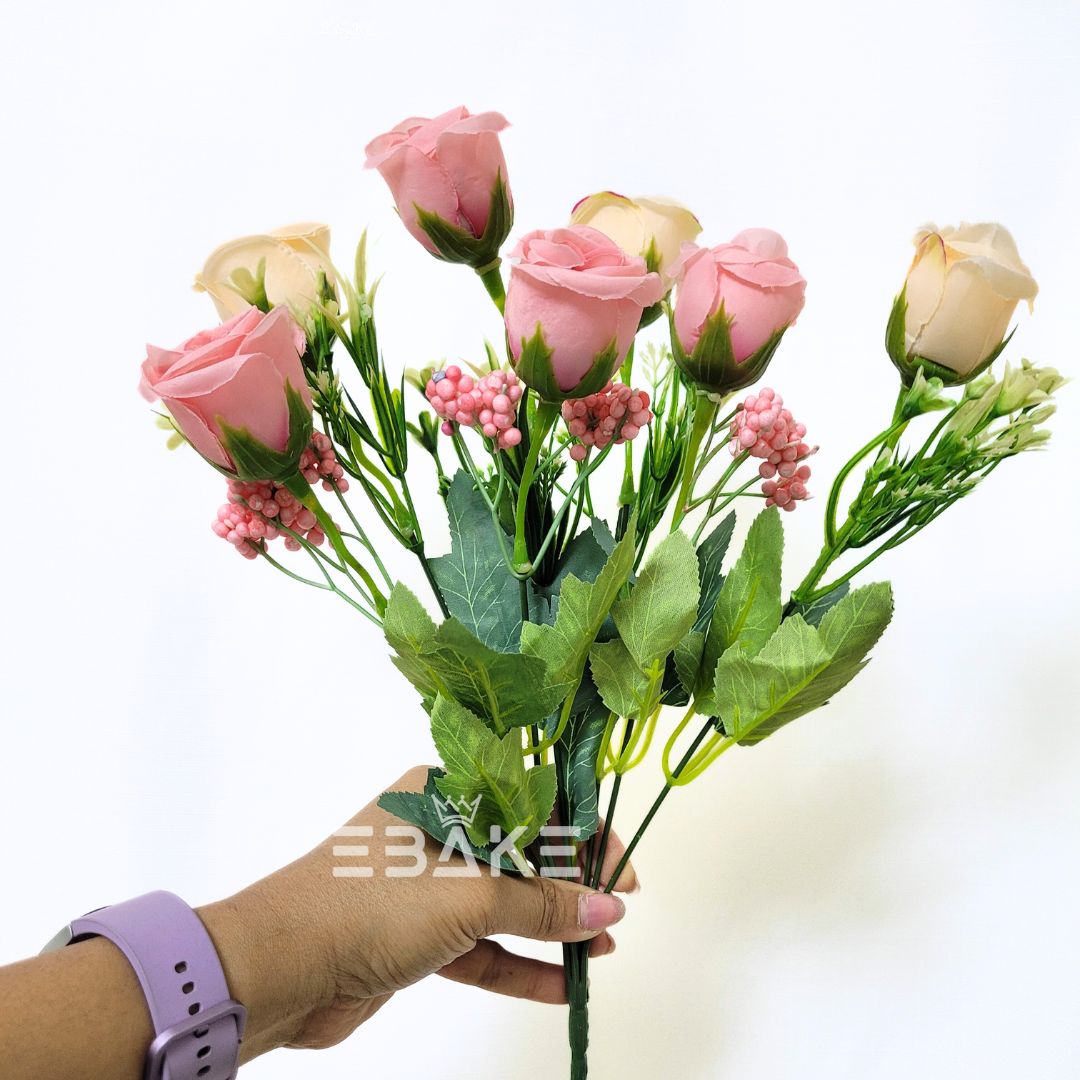 A1322 Pink& Cream Bud Rose Bunch With Fillers  (7 Bud Roses & Fillers)